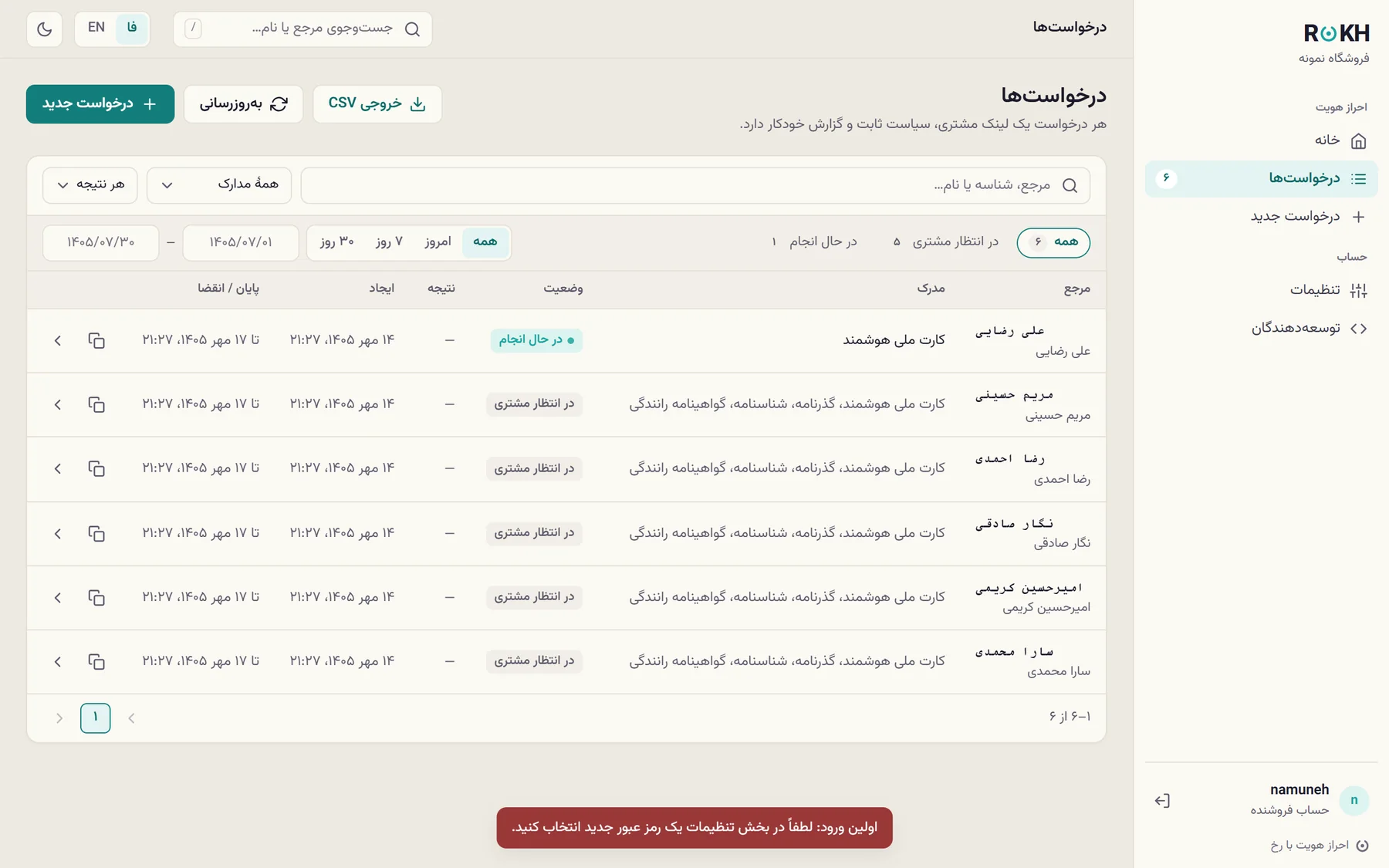 پنل کسب‌وکار: فهرست درخواست‌ها با وضعیت هر کدام (داده‌های نمونه)
